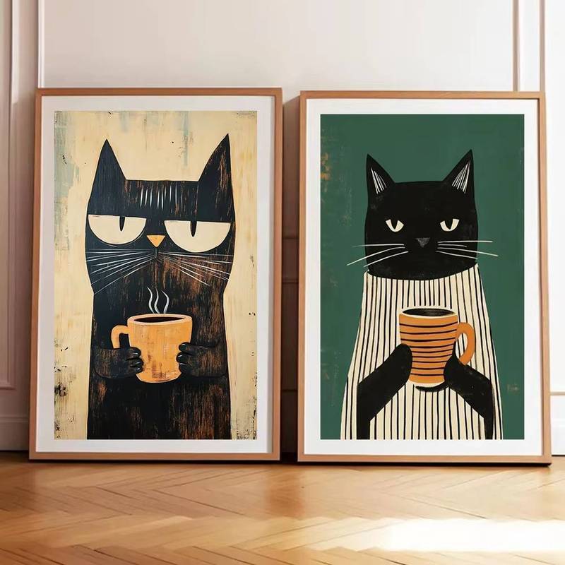 Whimsical Black Cat Drink Coffee Poster สําหรับห้องนอนเนอสเซอรี่การ์ตูนสัตว์โปสเตอร์ไม่มีกรอบผ้าใบภาพวาดแมวน่ารักภาพประกอบพิมพ์ Wall Art ราคา ถูกที่สุด ดีลบีเคเค