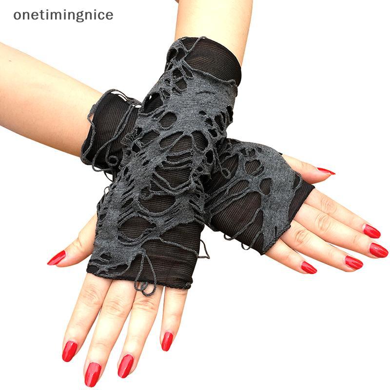 Onetimingnice คู่ Gothic แขนอุ่น Fingerless Beggar Punk ฮาโลวีนถุงมือ Hole คอสเพลย์ OTN