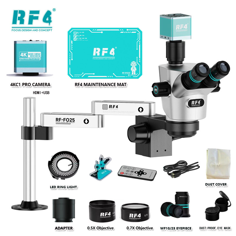 RF4 CX71P 30°C กล้องจุลทรรศน์ Trinocular สเตอริโอตามหลักสรีรศาสตร์ 4K กล้อง 6.5-65X โทรศัพท์บัดกรี P