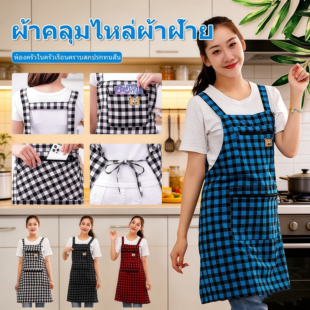 🔥ส่งฟรี ผ้ากันเปื้อนครัวฤดูร้อน สายคล้องคอ ป้องกันน้ำมันและเปรอะเปื้อน ลายสก๊อตน่ารัก พร้อมกระเป๋าใส่ของ