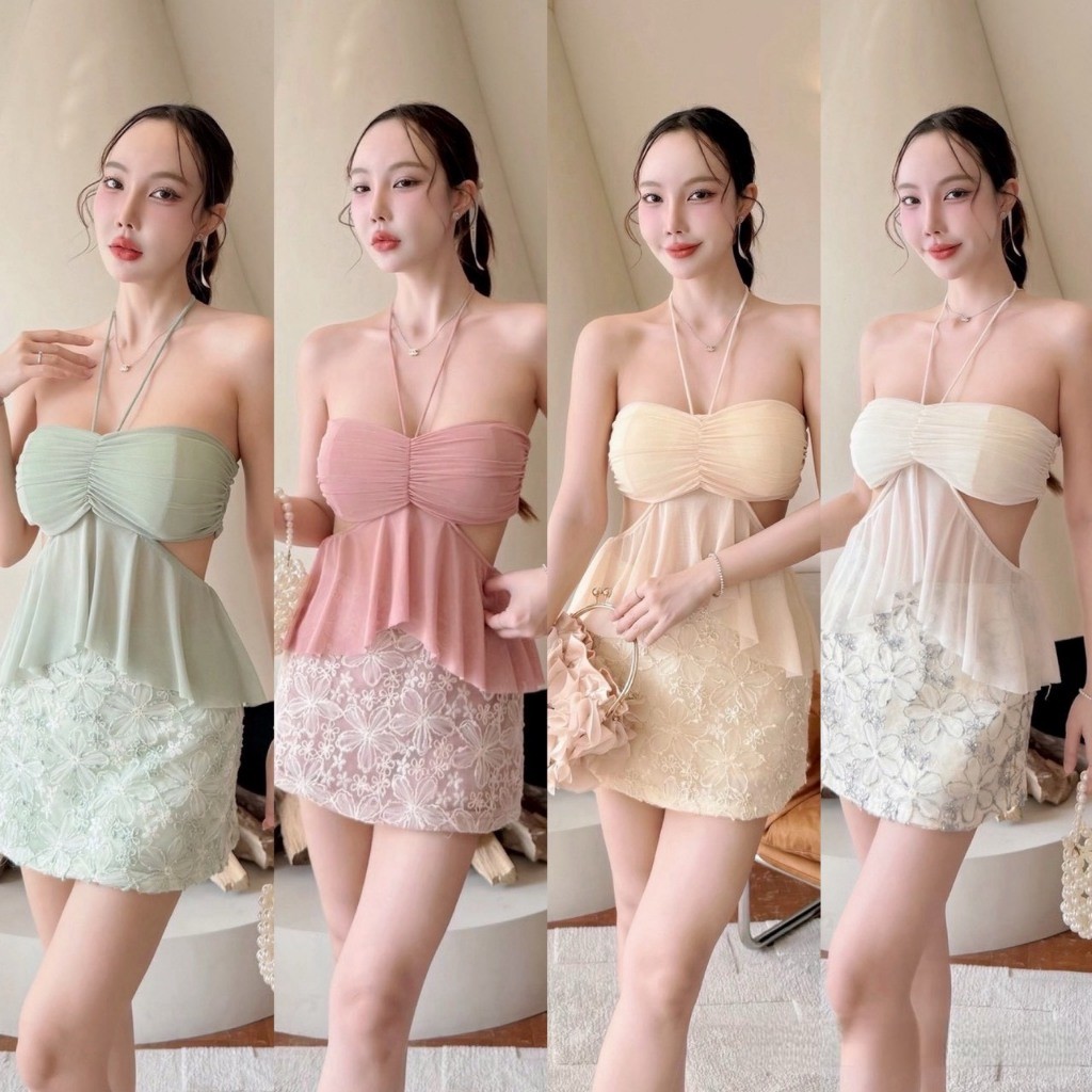 S62 - ชุดเซ็ต เสื้อเกาะอกผูกคอ+กระโปรงพิมพ์ลาย ชุดเที่ยวทะเล ชุดไปคาเฟ่