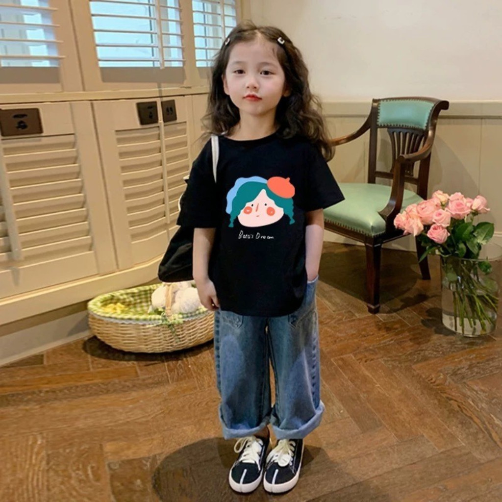 เสื้อยืดเด็กผู้หญิง ทรงหลวม ลาย "หมี/ดอกไม้" คอกลม เนื้อผ้านุ่มพิเศษ สไตล์เกาหลี