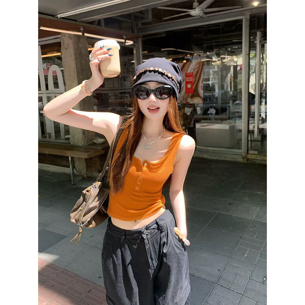 <Moses Queen> เสื้อกล้ามสีส้มฟักทองสำหรับผู้หญิง เหมาะสำหรับใส่เป็นเสื้อตัวนอกหรือเสื้อตัวใน เสื้อแขนกุด