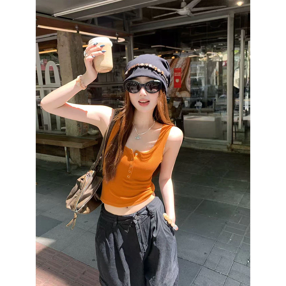 <Moses Queen> เสื้อกล้ามสีส้มฟักทองสำหรับผู้หญิง เหมาะสำหรับใส่เป็นเสื้อตัวนอกหรือตัวใน เสื้อแขนกุด