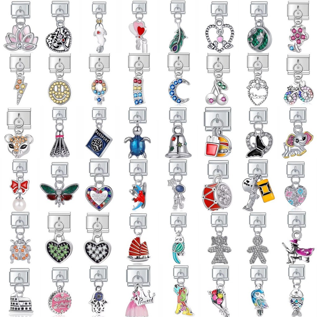 สร้อยข้อมือแบบโมดูลาร์สไตล์อิตาลี พร้อมพวงแก้วสเตนเลสดีไซน์เอง