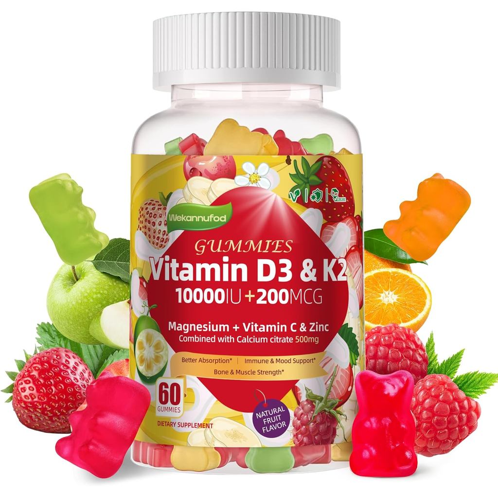 Sugar-Free Vitamin D3 K2 Gummies with Calcium + K2 (MK-7), Magnesium Citrate, Vitamin C, Extra Stren