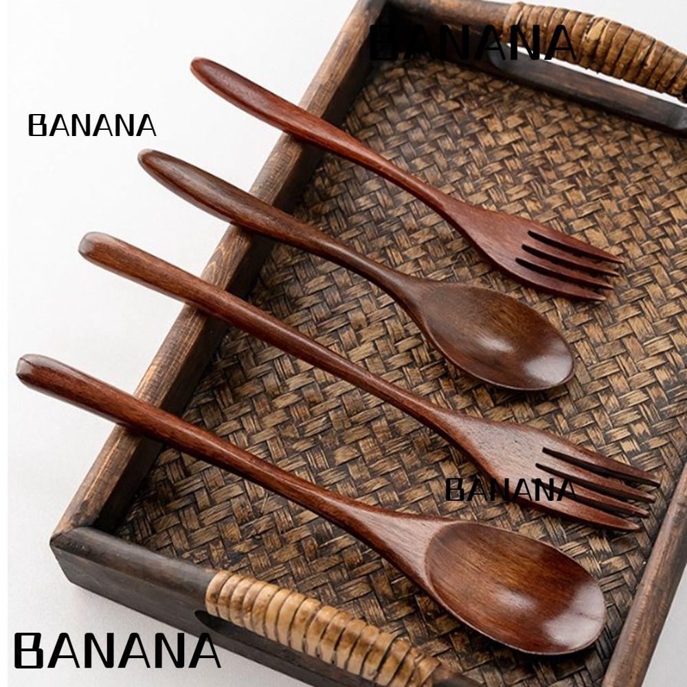 BANANA1 ส้อมไม้, ช้อนไม้ธรรมชาติทํามือ, ส้อมซีเรียลภาชนะคุณภาพสูง อุปกรณ์ครัว