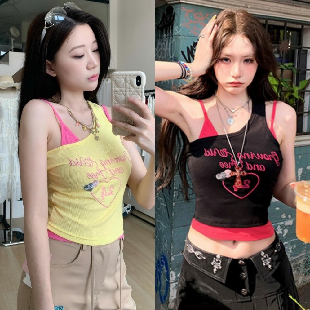 🍓Evelyn🍓เสื้อแขนกุด ดีเทลแต่งสองชั้น ผ้าเนื้อนุ่ม สกีนตัวอักษร เสริมฟองน้ำ เข้ารูป เสื้อกล้าม สไตล์เกาหลี