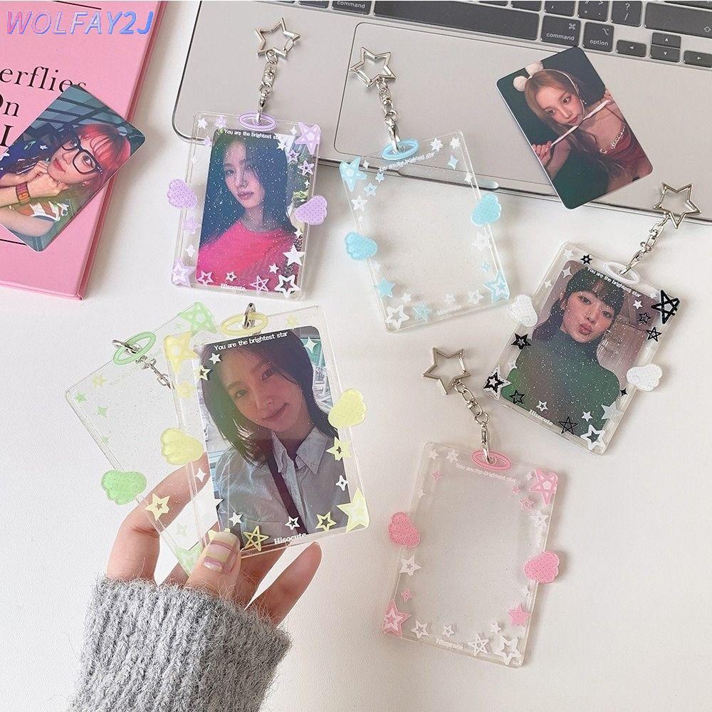 ที่ใส่บัตร WOLFAY2J, 3 นิ้วอะคริลิค Kpop Photocard ผู้ถือพวงกุญแจ, Creative Wings ดาวการ์ตูนใส Idol 