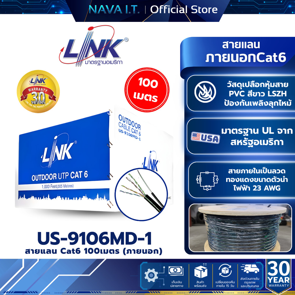 LINK US-9106MD-1 มีลวดสลิง CAT6 UTP Cable (100m/Box) Outdoor 23 AWG w/Drop (สีดำ) ส่งด่วนรับสินค้าภายใน 6 ชั่วโมง