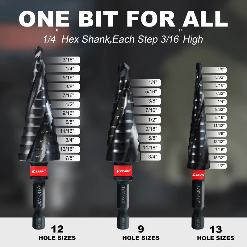 3PCS Step Drill Bit สําหรับโลหะ, 1/8"-7/8" Step Drill Bit ชุด, 1/4 "Hex Shank, M35 Cobalt, ทนต่อการส