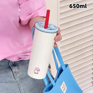 650ml แก้วสแตนเลสลายหมึกน้ำเงิน+หมาสุดคิวท์ เก็บความเย็น กันหก เหมาะสายแฟชั่น