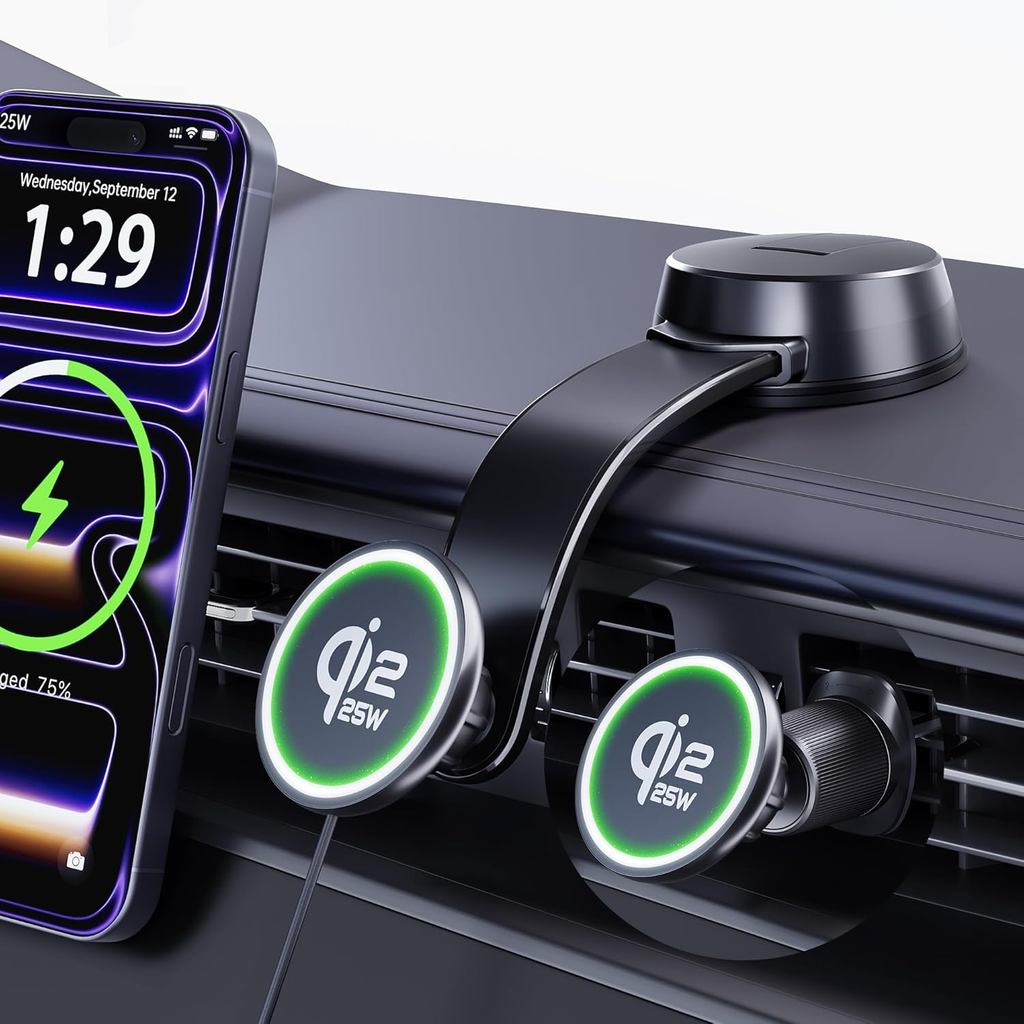 อัพเกรด [สําหรับ Qi2.2-Certified] 25W สําหรับ MagSafe Wireless Car Charger Mount, 2XFast Charging[90