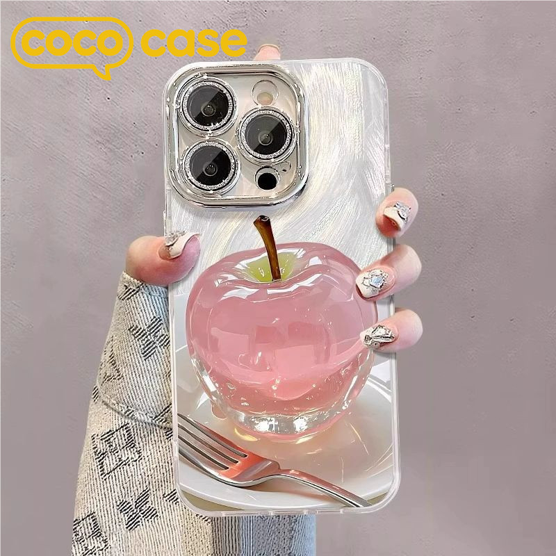 เคสไอโฟน เคส iPhone 17/16 Pro Max/15/14/13/12/11/X/8/7Pro ลูกแอปเปิลคริสตัล + ลายผ้าเฟเธอร์ สวยงาม