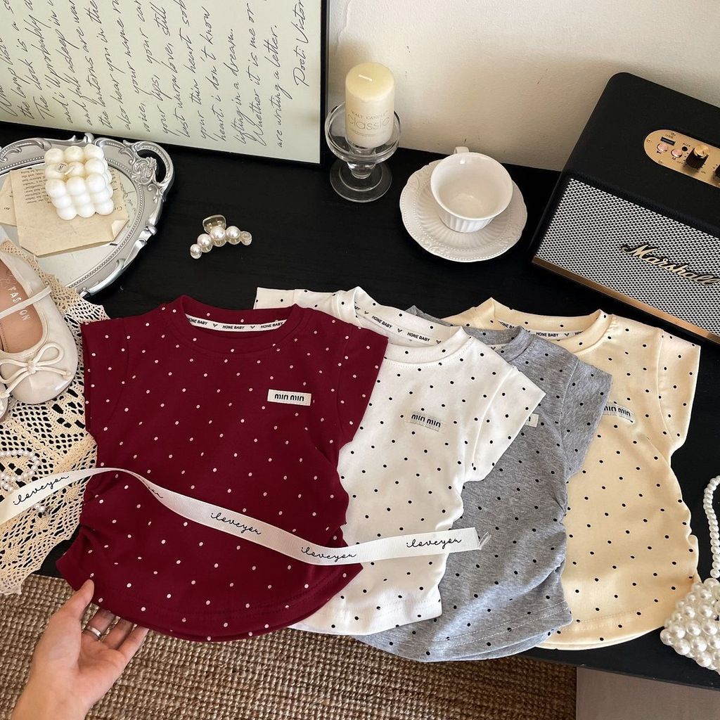 (1-12Yrs)น้ําหนักเบาBreathable Girls Tee Polka Dotรอบคอแขนสั้นฤดูร้อนใหม่หวานน่ารักTop