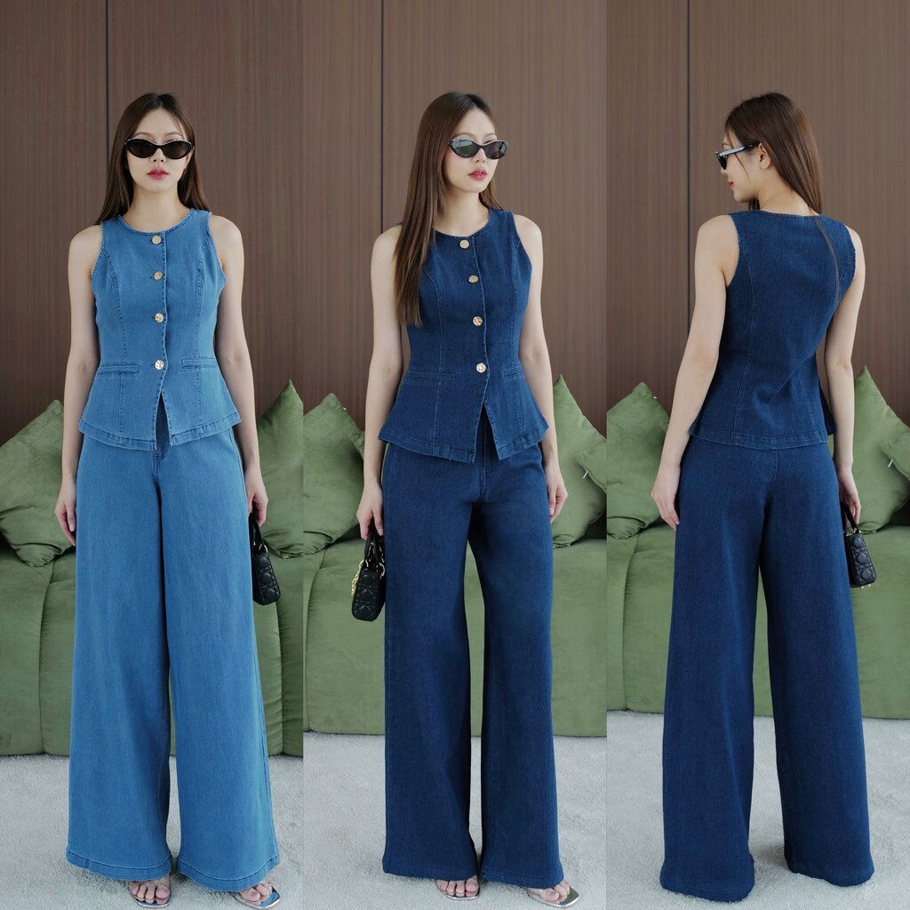 5684#Eve ชุดเชตยีนส์ เสื้อแขนกุดกระดุมหน้า แต่งกระเป๋าหลอก+กางเกงขายาวกระบอบ