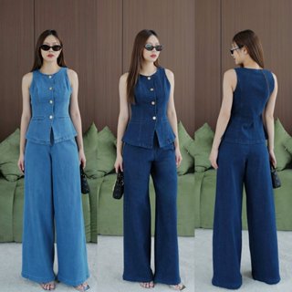 5684#Eve ชุดเชตยีนส์ เสื้อแขนกุดกระดุมหน้า แต่งกระเป๋าหลอก+ก…