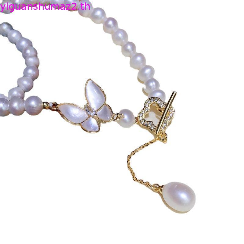 6-7 มม. สร้อยคอมุกน้ําจืดธรรมชาติวินเทจผีเสื้อโคลเวอร์สี่ใบOTหัวเข็มขัดโซ่กระดูกไหปลาร้า