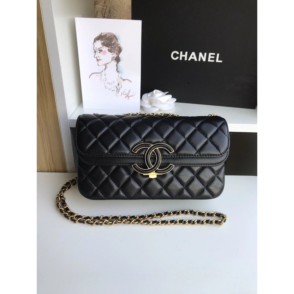 3NDS ** Xiaoxiang Lingge Lambskin สีดําและ Retro กระเป๋าโซ่ Double-Layer กระเป๋าสะพาย Messenger กระเ