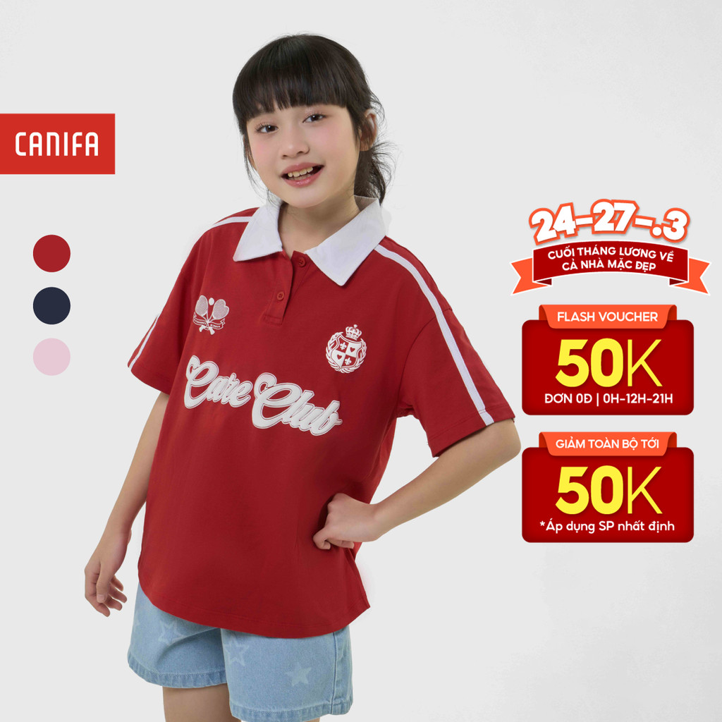 CANIFA เสื้อโปโลเด็กผู้หญิง แขนกุด คอปกเปิดลง ผ้าฝ้าย USA นุ่ม พิมพ์ลาย 1TP25C002