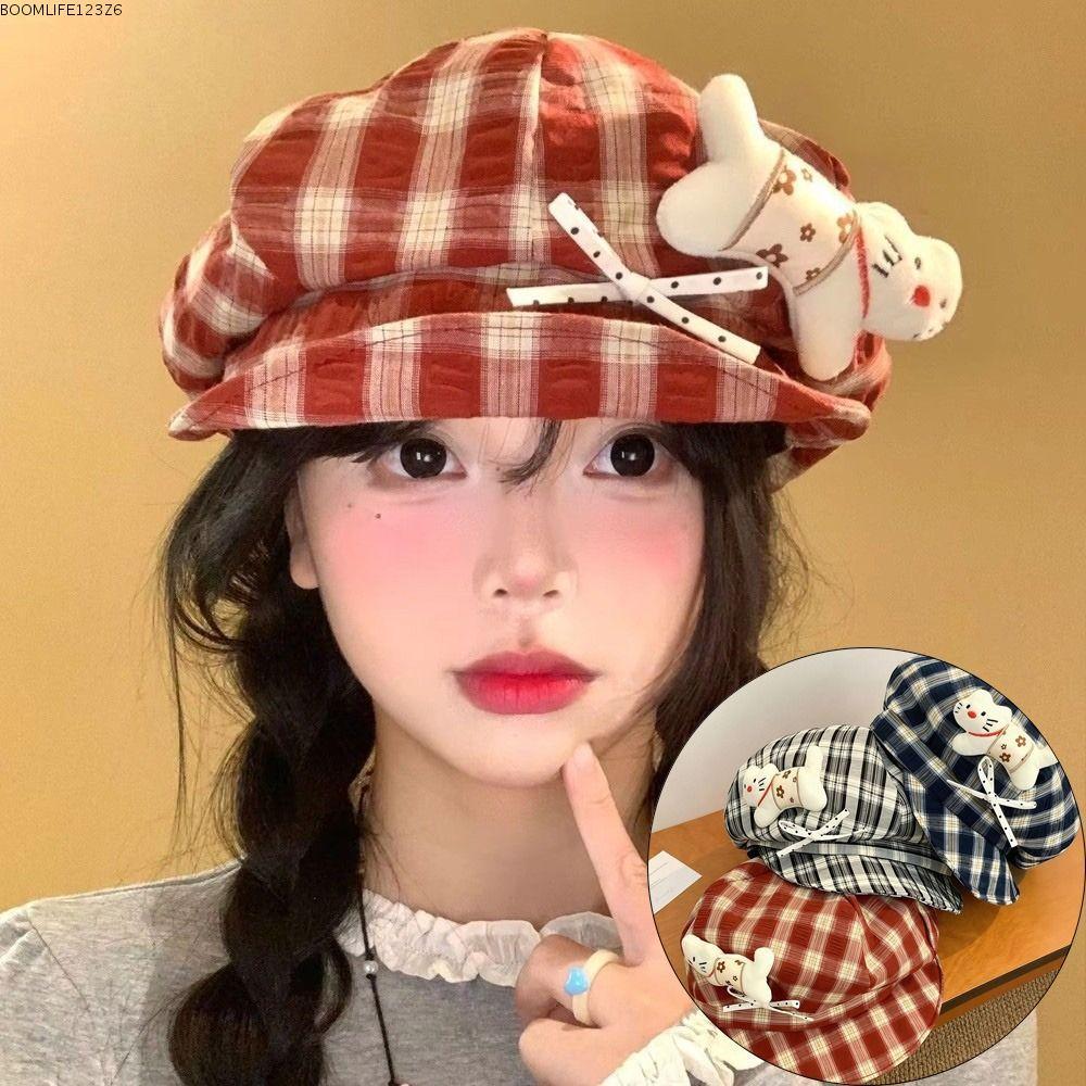BOOMLIFE123Z6 หมวกเบเร่ต์ลายสก๊อต, Y2K Face Slimming หมวกแปดเหลี่ยม, กันแดดน่ารักบางออกแบบ Berets แฟ