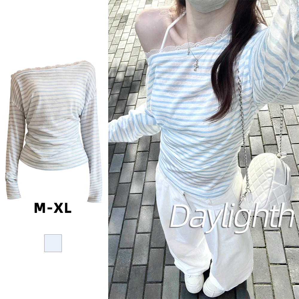 เสื้อยืดผู้หญิงลายทาง คอปกเฉียง ตกแต่งด้วยลูกไม้ ช่วยให้ดูผอมเพรียว  DL
