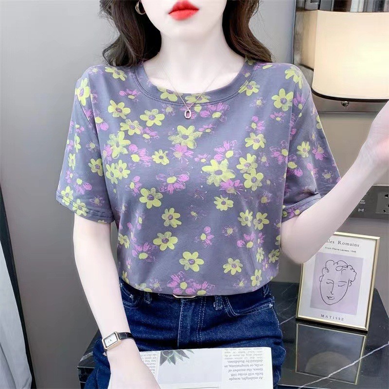 เกาหลีสไตล์ใหม่Tเสื้อผู้หญิงดอกไม้แขนสั้นลําลองบางแฟชั่นรอบคอTw Topเสื้อยืดหลวมฤดูร้อนพิมพ์ 5N36