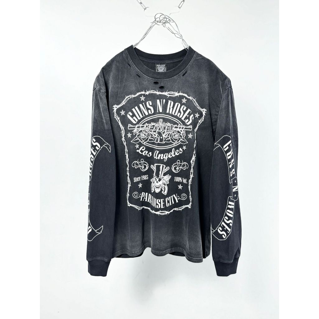 I41H GUNSN ROSES Guns N' Roses American Retro Logo Hand-worn distressed wash long sleeve T T-shirt M