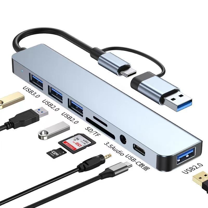 สถานีเชื่อมต่อ USB 3.0 แบบสองหัว 8-In-1, ตัวแยกฮับหลายอินเทอร์เฟซ