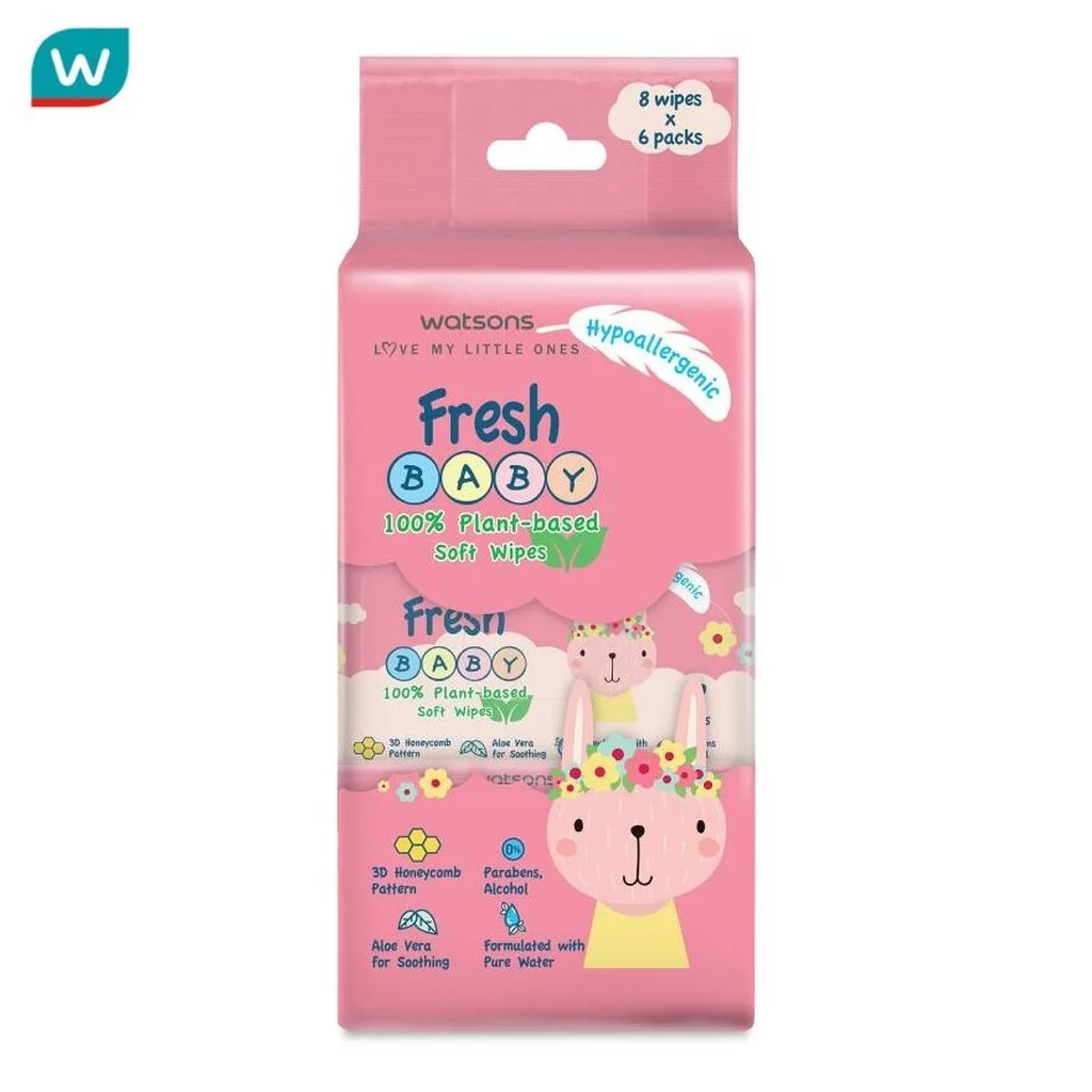 Watsons วัตสัน เฟรช เบบี้ 100% แพลนท์-เบส ซอฟท์ ไวพ์ 8แผ่น x 6แพ็ค.