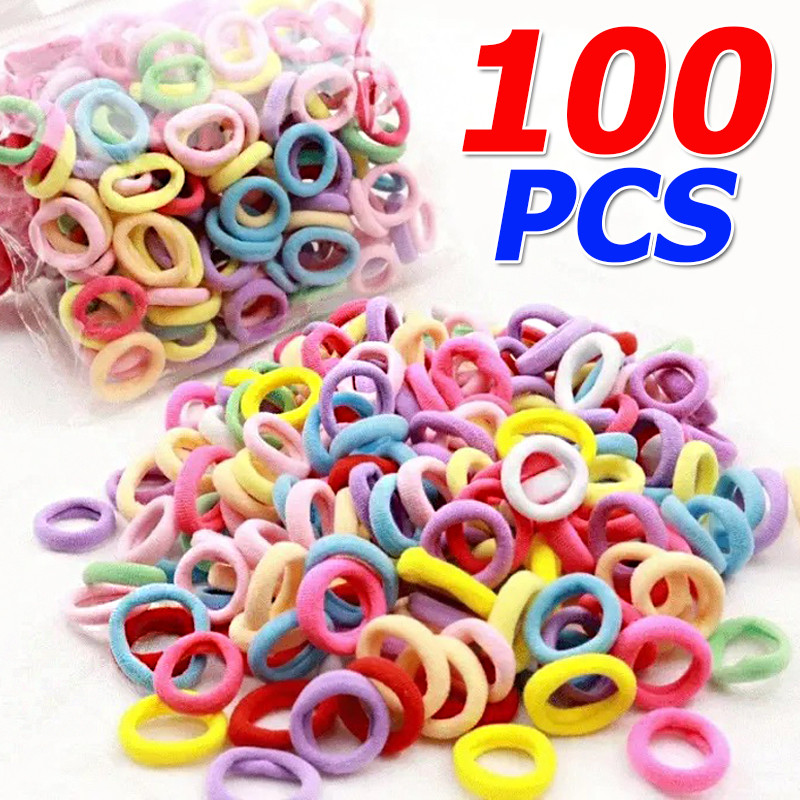 ยางยืดผูกผมสำหรับหางม้า ทำจากไนลอนยืดหยุ่น สีสันพื้นฐาน 100 ชิ้น