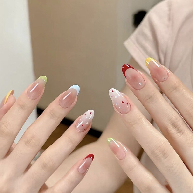 (พร้อมกล่อง) บลัชออนลายจุดขอบสีสันสดใสเล็บปลอมสไตล์ฝรั่งเศสยาวอัลมอนด์เล็บปลอม 30 ชิ้น/กล่อง R969