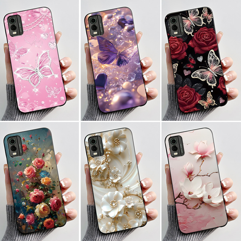 สําหรับ Nokia C32 C22 4G 2023 กรณีวุ้นสีดําซิลิโคน TPU หรูหราแฟชั่นดอกไม้ผีเสื้อเคสโทรศัพท์สําหรับ Nokia C32 C22 ปกหลัง