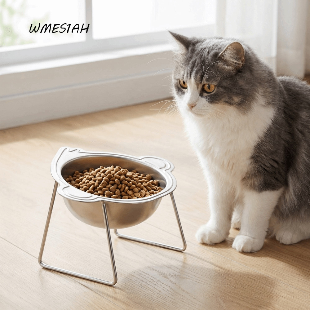 WMES1AH ยกชามแมว, สแตนเลส 15 องศาเอียงชามสัตว์เลี้ยงยกระดับ, มัลติฟังก์ชั่นรูปลิงคอป้องกันป้องกันการ