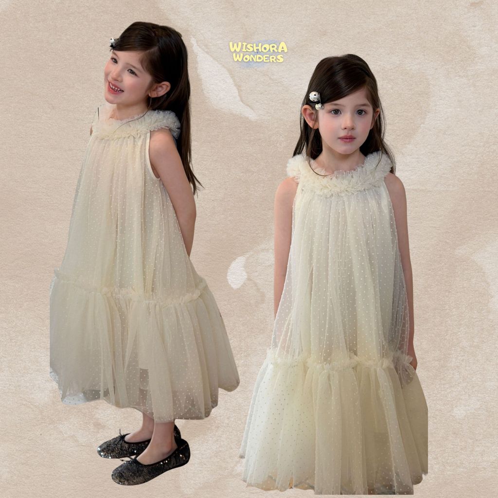 WISHORA WONDERS 26ss DLD260199 Crystal Dot Dress เสื้อผ้าเด็ก ชุดเดรสเด็ก ผ้าตาข่ายลายจุด คอระบายฟู 