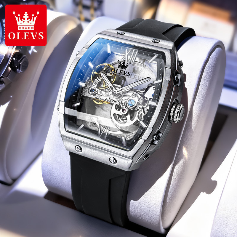 Olevs 6779 Brand Automatic Mechanical Watch Tape เทรนด์นาฬิกาผู้ชายรูปบาร์เรล
