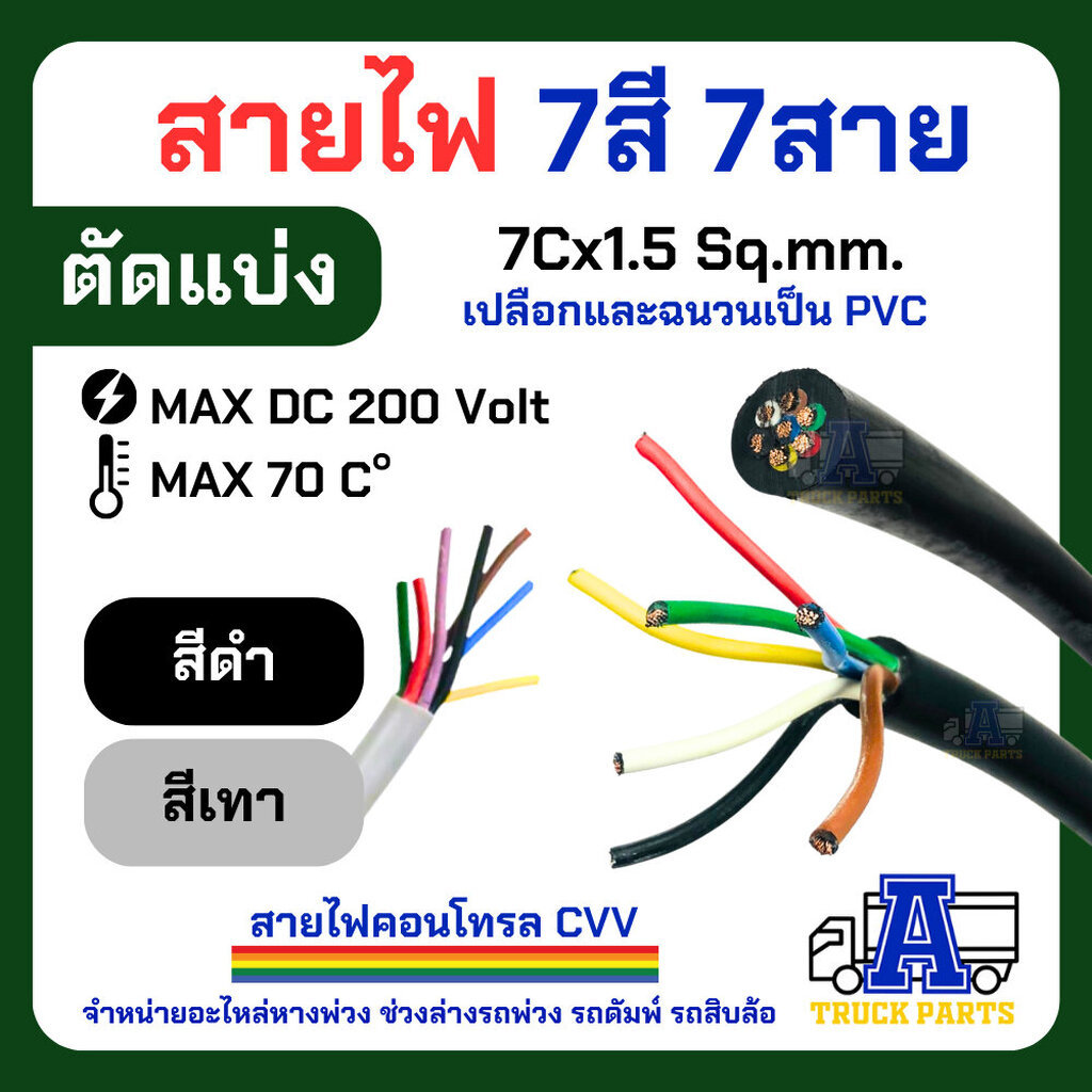 (แบ่งจำหน่าย 5/10เมตร) สายไฟ 7สี 7เส้น ทองแดงเต็ม 1.5/1.0 สีดำ/เทา ผลิตในไทย สายไฟรถพ่วง ใช้กับปลั๊กไฟหางพ่วง รถเทเลอ...