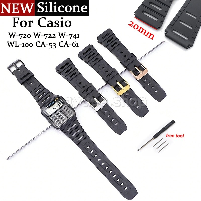 20 มม.สําหรับ Casio W-720 W-722 W-741 WL-100 CA-53 CA-61 สายรัดข้อมือซิลิโคนสร้อยข้อมือยางกันน้ําสาย