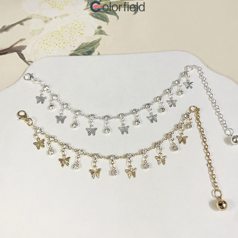 Colorfield กำไลข้อเท้าสไตล์โบราณ รูปผีเสื้อ กระดิ่ง พู่ ปรับได้ สไตล์นางฟ้า สร้อยมือและเท้า สำหรับผู้หญิง-COD💖