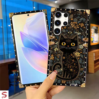 ปลอก Samsung S26 Ultra S25Ultra S24Ultra S24+ S23+ S22 S21 FE Note20 แฟชั่นดอกไม้แมวดํารูปแบบ Square เคสโทรศัพท์กันกระแทก