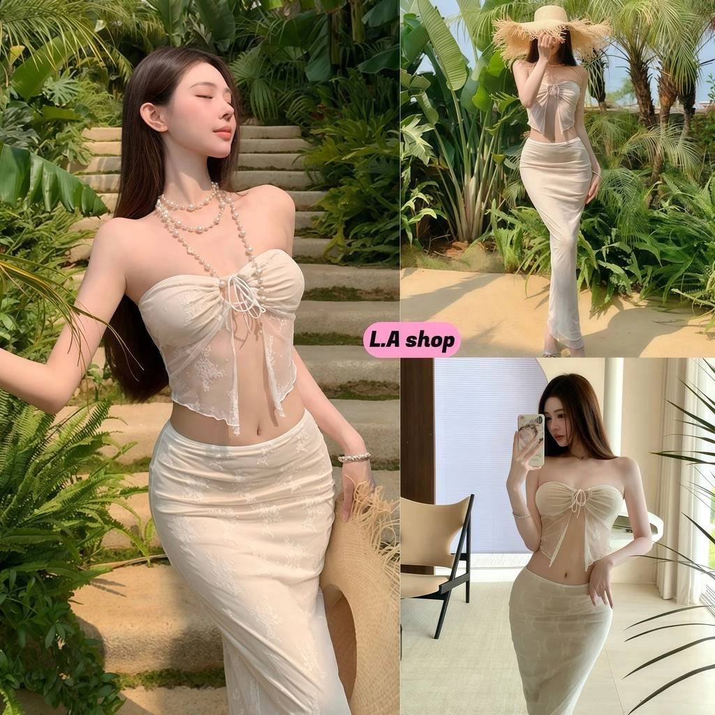 L.A Shop★เสื้อคุณภาพดี ชุดเดินทะเล เกาะอก+กระโปรงยาวลายลูกไม้คาวาอี้ สีครีม เข้ารูป ลูกไม้-FY5061