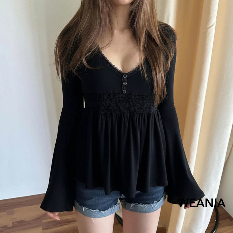 WEANIA เสื้อวีเนคแขนยาว ยืดหยุ่น สบาย เอวสูง ทรง A-line ออกแบบให้สวมใส่สบายและคล่องตัว