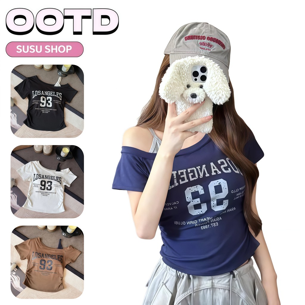 SuSu เสื้อแขนสั้นผู้หญิงเปิดไหล่ ดีไซน์สายรัดไหล่ พร้อมรายละเอียดลายอักษรเท่ๆ ใส่สบาย ผ้า "FY722"
