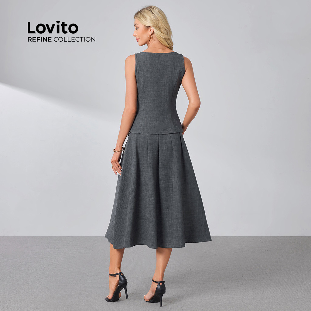 (Lovito Refine)  เสื้อหรือกระโปรงประดับหัวเข็มขัดประดับเพชรจีบสําหรับฤดูใบไม้ผลิ/ฤดูร้อน สีเทาเข้ม LR29L067 - รูปที่ 2