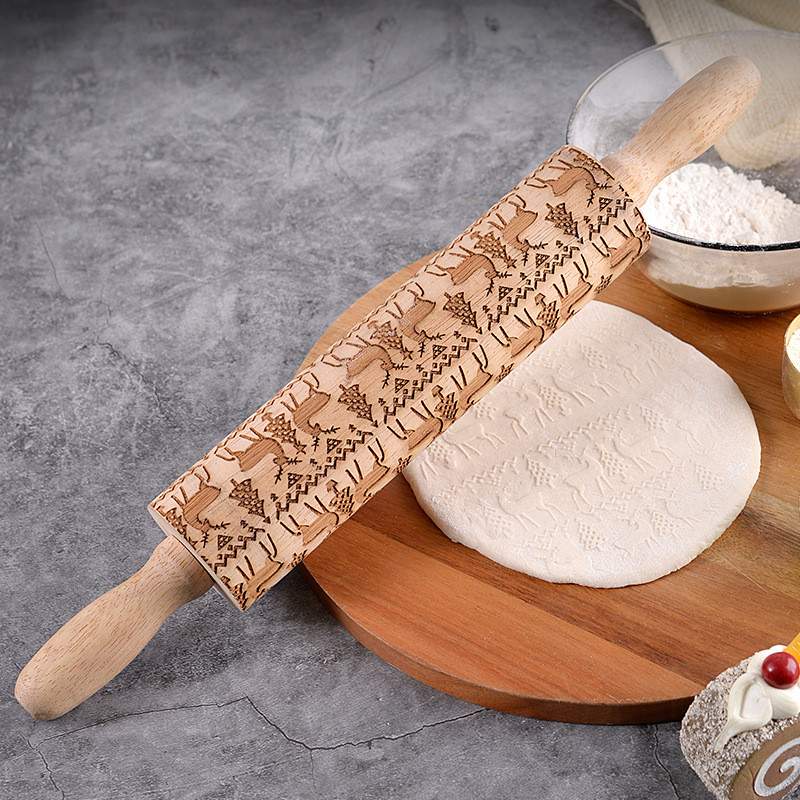 คริสต์มาส Elk พิมพ์ Rolling Pin Beech เลเซอร์แกะสลักนูน Rolling Pin คุกกี้บิสกิตเพลาก๋วยเตี๋ยว Pin