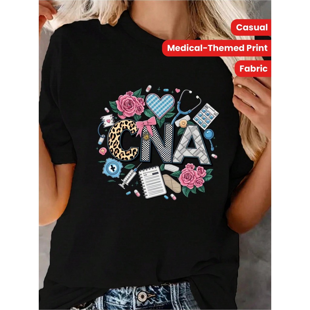 [Medical CNA Tee] เสื้อยืด CNA สําหรับผู้หญิง Medical Graphic | เสื้อยืดแขนสั้นคอกลมลําลองพร้อมหูฟัง