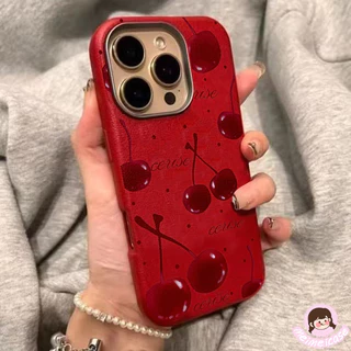 เคสไอโฟน 11 น่ารักสีแดงเชอร์รี่พื้นผิวหนังนุ่ม สำหรับ IPhone 17 16 13 15 11 14 12 Pro Max 7 8 16 14 15 Plus XR X XS Max