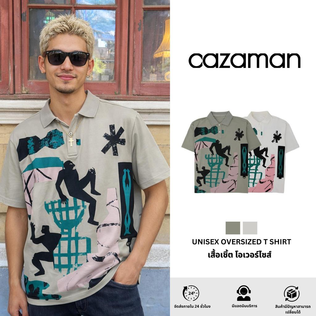CAZAMAN เสื้อเชิ้ต OVERSIZE เสื้อเชิ้ต เสื้อเชิ้ตสำหรับผู้ชาย แขนสั้น ติดกระดุมหน้า  Y261223