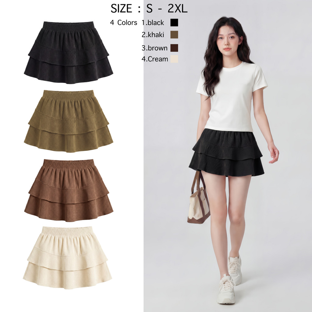 Suysuy พร้อมส่ง กระโปรงสั้น ผ้าลูกฟูก ทรงเลเยอร์ 2 ชั้น สไตล์เกาหลี แนวน่ารักเรียบง่าย มินิมอล มีซับใน เอวสม็อค