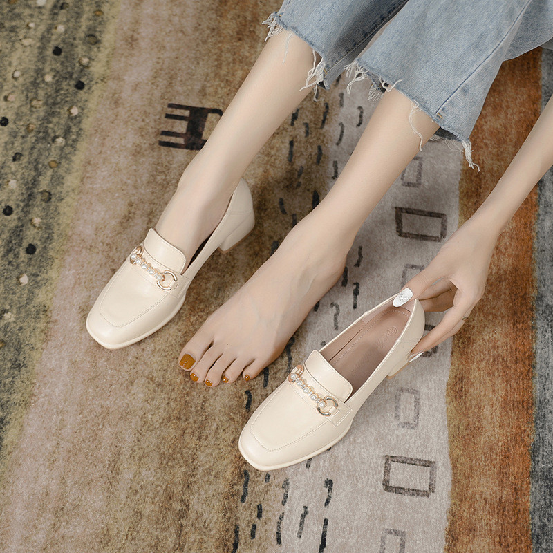 Mary Jane สูง ส้นเท้า หญิง minxshoes รองเท้าหนังสไตล์อังกฤษไซส์เล็ก Pearl Slip-On สำหรับฤดูใบไม้ผลิแ